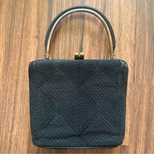 Vintage Black Corded Handbag Textured Ribbonwork MCM Bronze Evening Purse 8x6.5